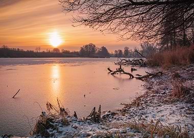 Winter sunrise, wild river