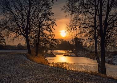 Winter sunrise, wild river