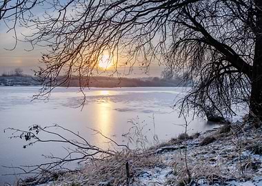 Winter morning,frozen lake