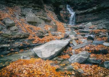 Autumn river, waterfall