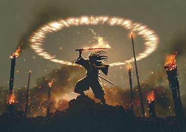 Samurai with Fire Katana