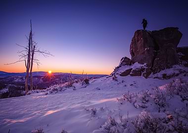 Winter sunrise, snowy hill