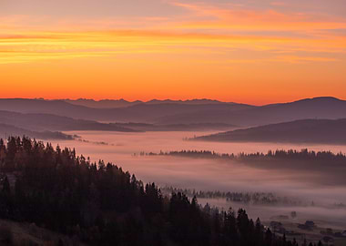 Autumn misty sunrise, view
