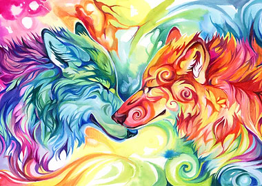 Nuzzling Rainbow Wolves