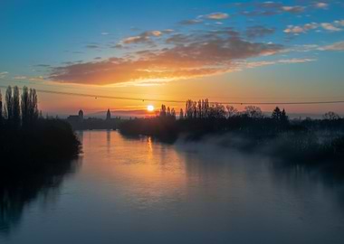 foggy flow with sunrise