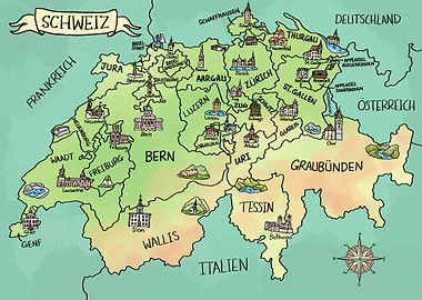 Aquarell Schweiz Karte