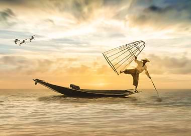 Crazy fisherman and a boat