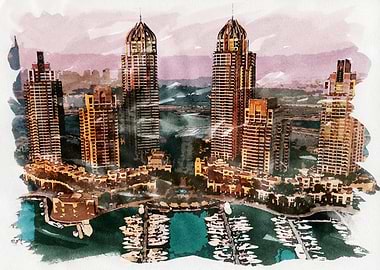 Dubai Watercolor Cityscape