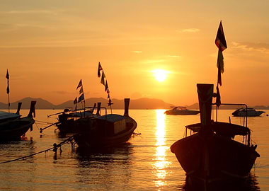 Fishing Boats at Sunset