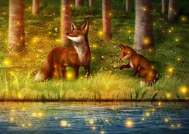 Foxes playing in sunset