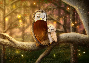 Owl family in the forest