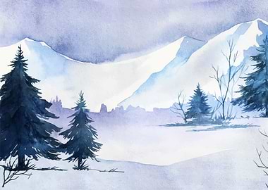 Watercolor Mountains Scene