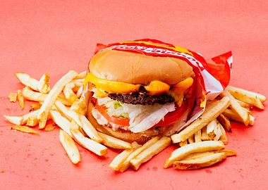 Pink burger with fries