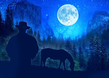 Cowboy Moonlit Mountains