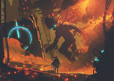 Man looking at giant robot