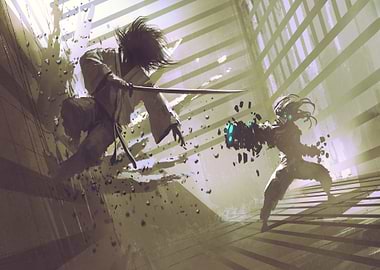 Samurai and robot in dojo