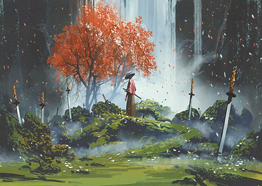 Samurai in waterfall