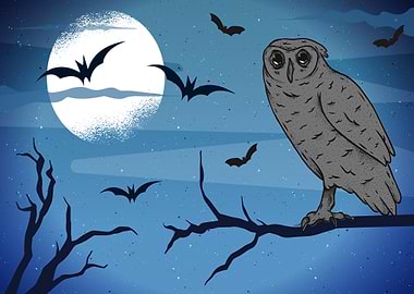 Owl at the Tree by Moon
