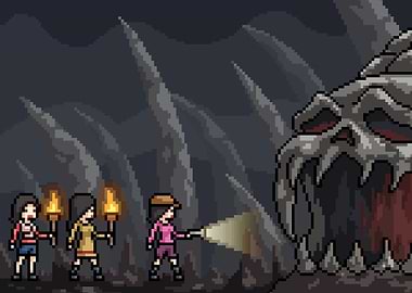Pixel art scene skull cave