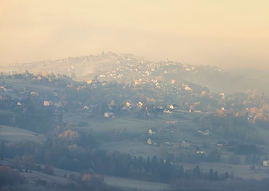Autumn travel, misty hills