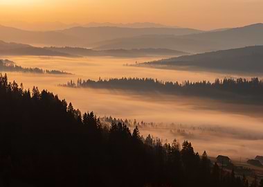 Autumn misty sunrise, view