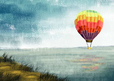 Hot air balloon over lake