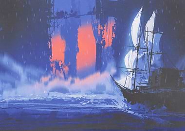 Sailing ship on wave