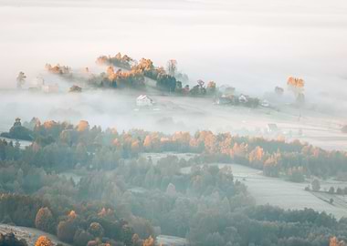 Autumn travel, misty hills
