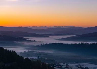 Autumn travel, misty hills