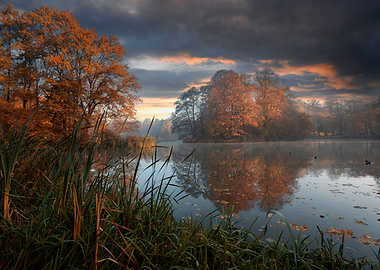 Autumn travel, misty lake