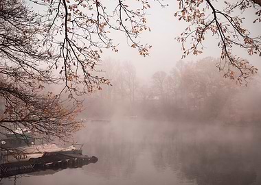 Autumn travel, misty lake