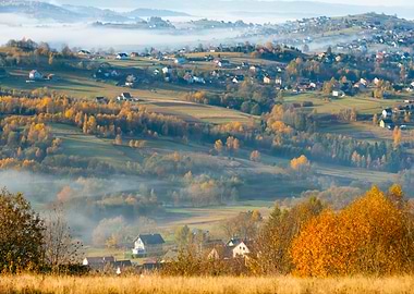 Autumn travel, misty hills