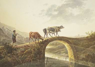 Shepherd with three cattle