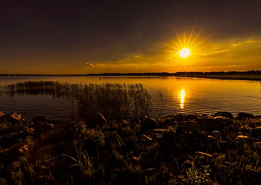 Sunset, reflection on lake
