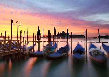 Gondolas in Venice at dawn