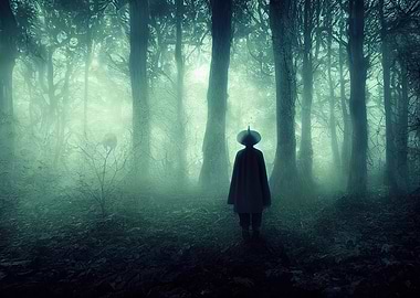 Man in foggy forest