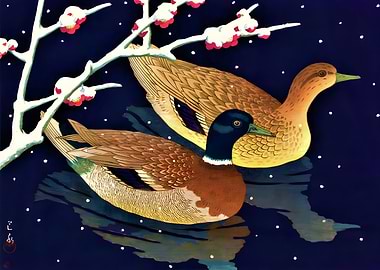 Ukiyo e Duck Under Snow