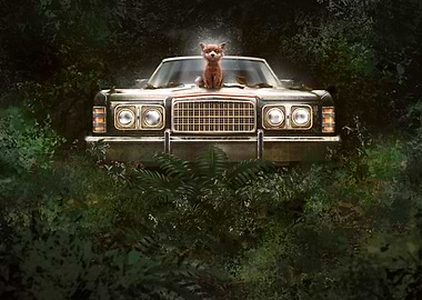 retro car cat dog