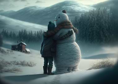 Happy kid with snowman