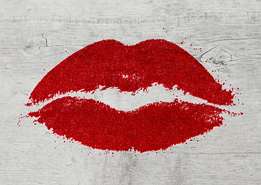 Lips print red wood surfac