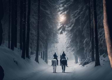 Couple with horse in snow
