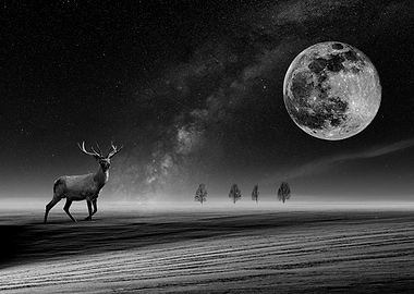 Big deer in snow and moon