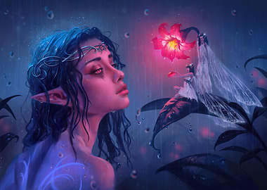 Fairies and elf under rain