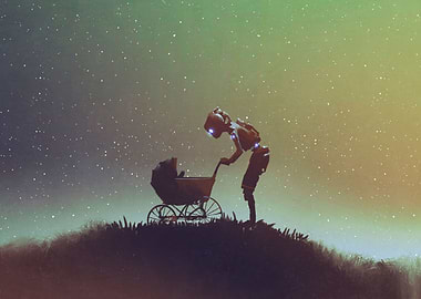 Robot looking at baby