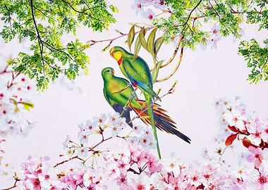 Parakeet in a cherry tree