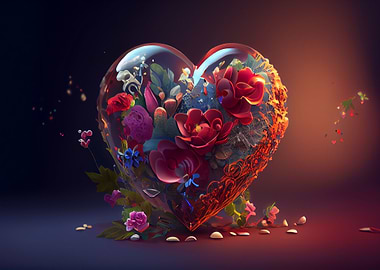 3d red hearts and flowers