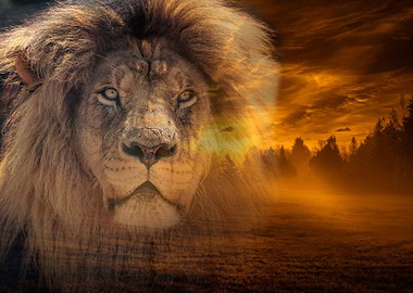 Lion and Fantasy Landscape