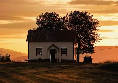 Old house in midnight sun