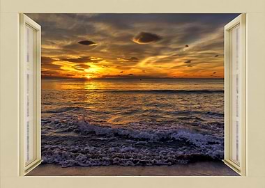 Open window view sea beach