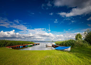 Summer lake,blue sky,boats